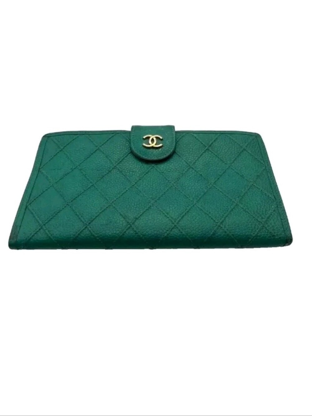 CHANEL RARE Emerald Green Stitch Kiss Lock Leather Long Wallet with Gold CC Snap